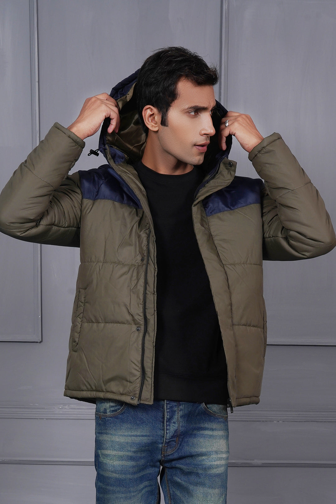 Men Olive Puffer Jacket With Navy Hood