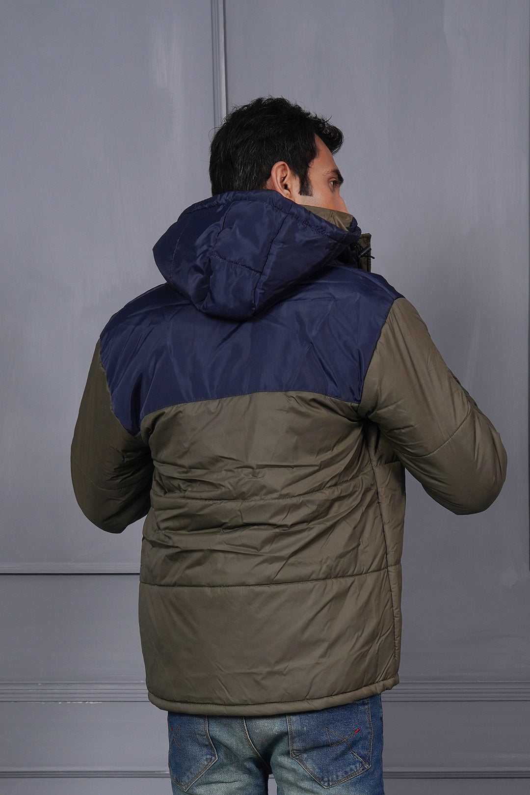 Men Olive Puffer Jacket With Navy Hood