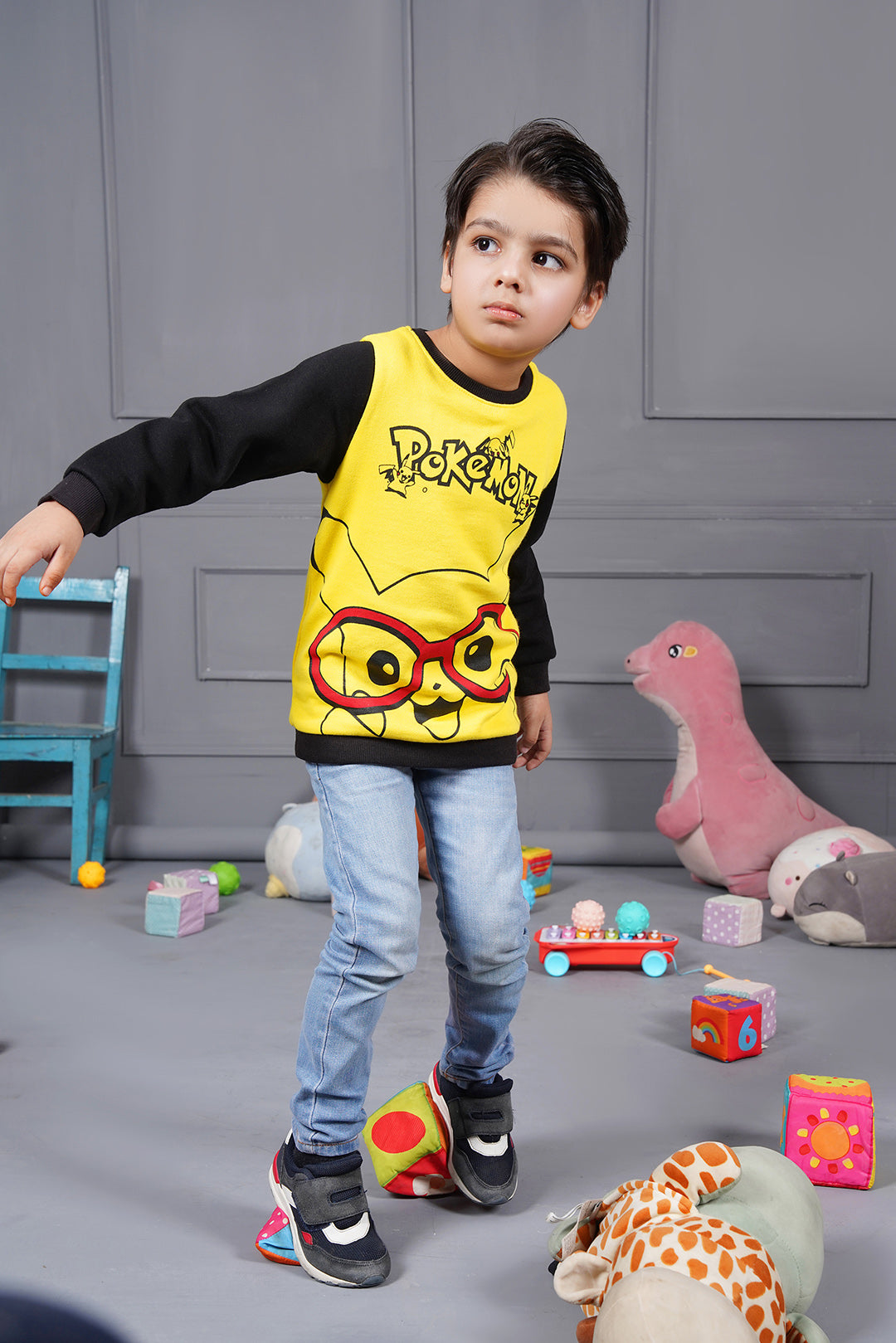 Pokemon Yellow With Black Contrast Sweat Shirt