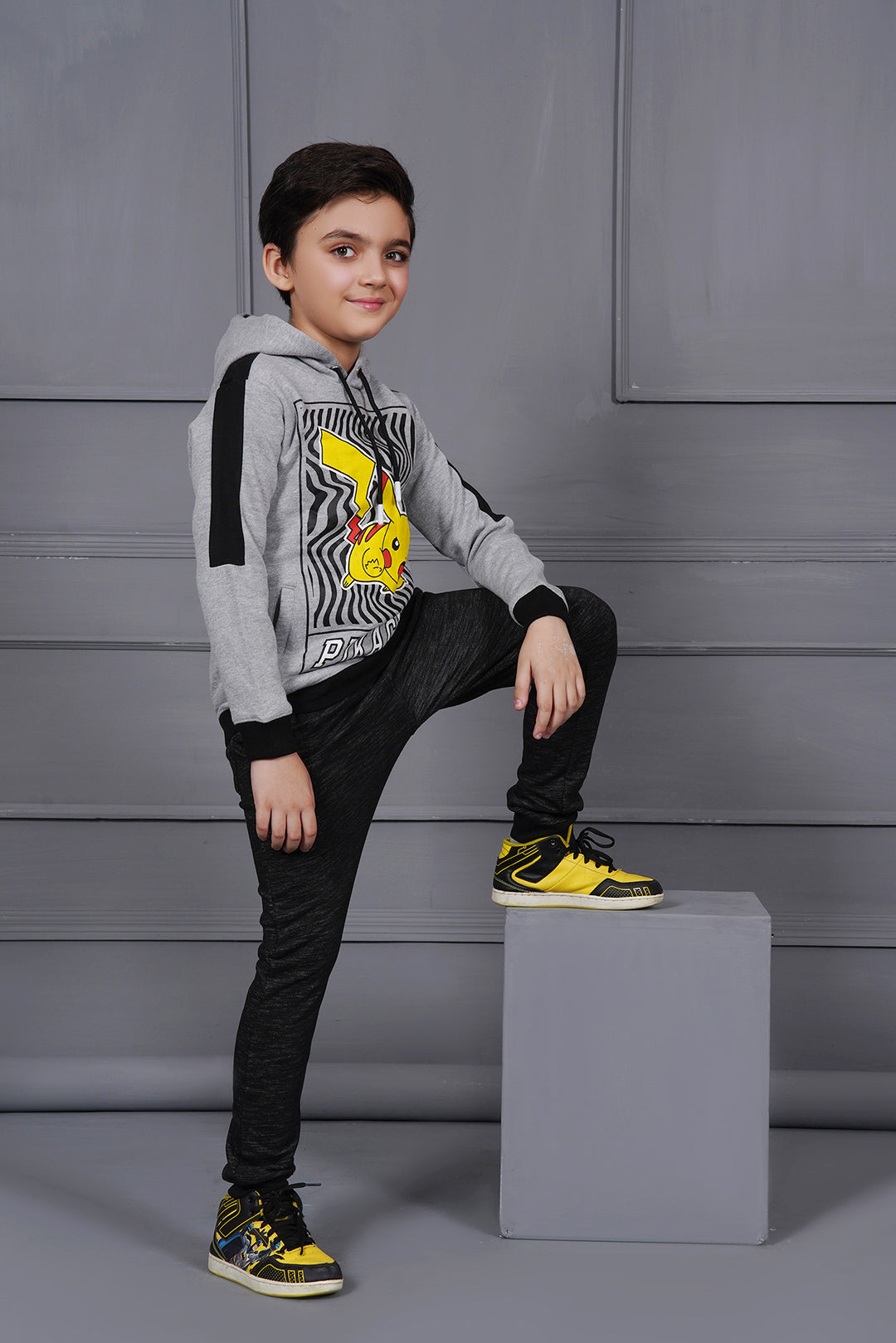 Boy's Grey Graphic Paneled Jumper Hoodie