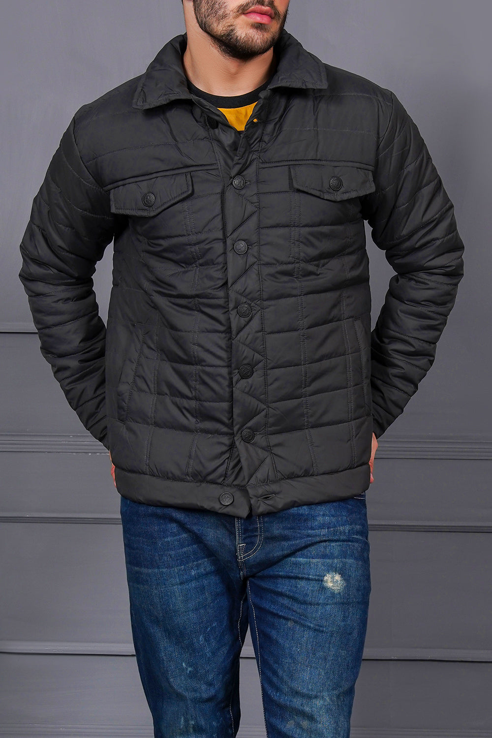 Button Down Charcoal Men Biker Jacket With Front Pockets