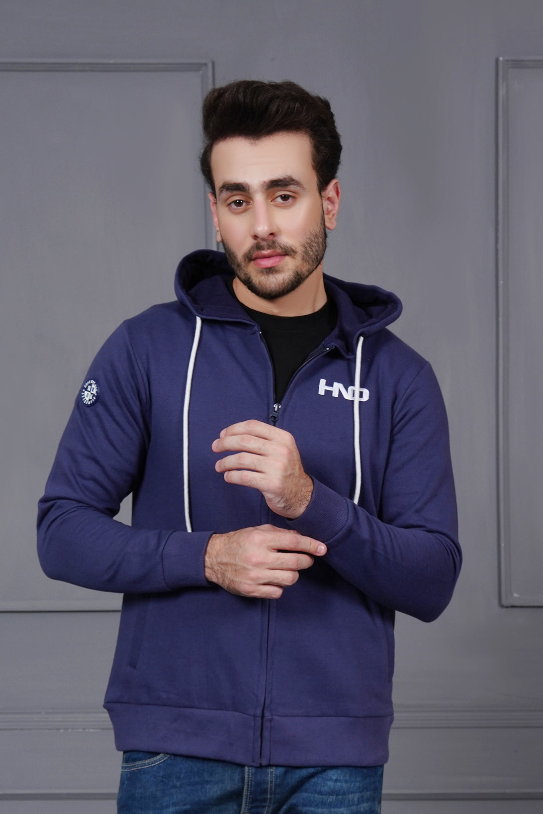 Navy Graphic Zipper Hood For Men