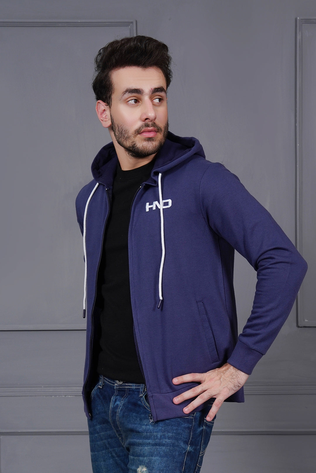 Navy Graphic Zipper Hood For Men