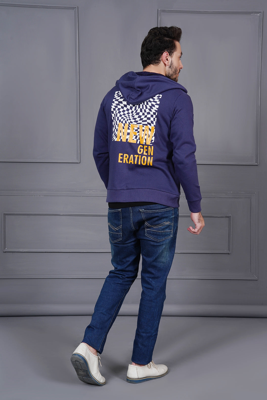 Navy Graphic Zipper Hood For Men