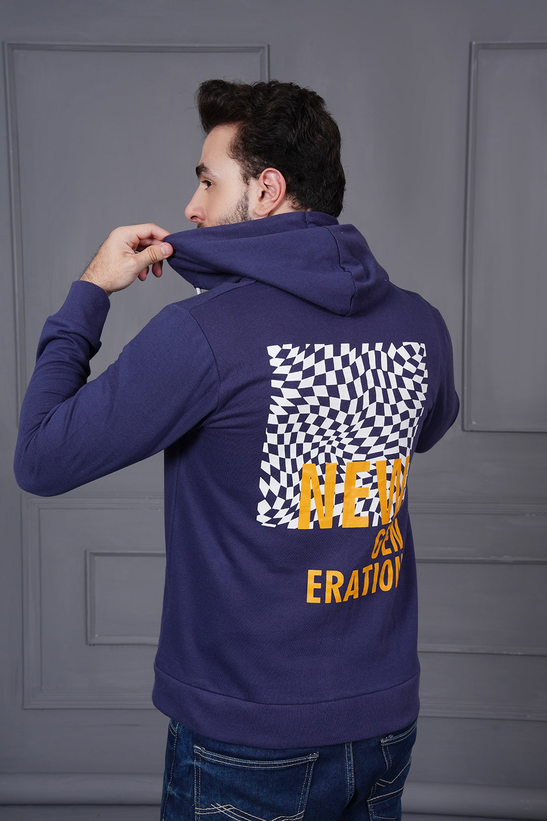 Navy Graphic Zipper Hood For Men