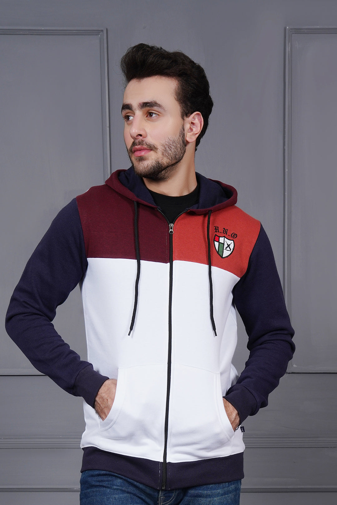 Men Contrast Panels Zipper Hoody