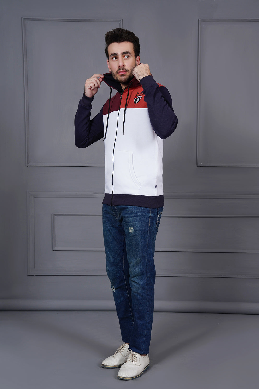 Men Contrast Panels Zipper Hoody