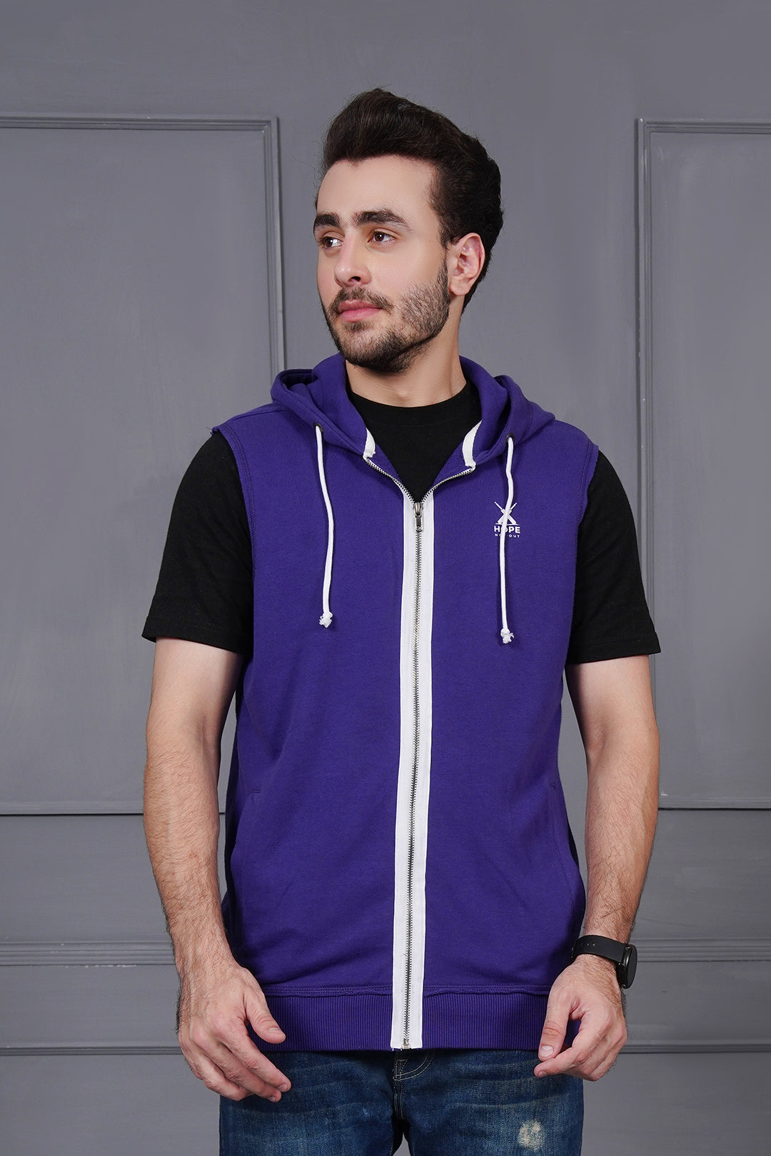Men Purple Sleeveless Hoody