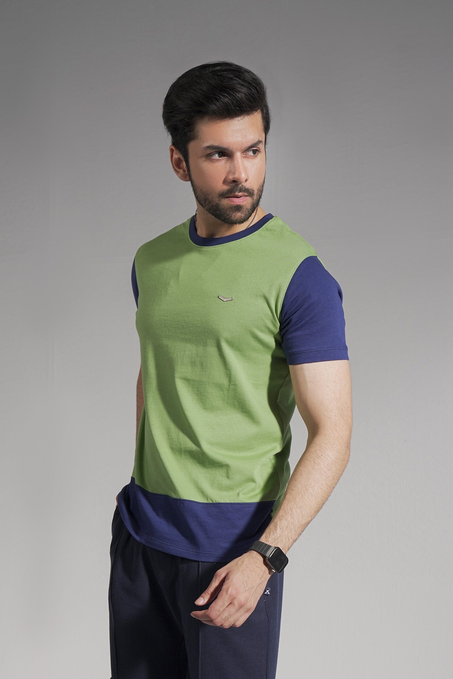 Green Crewneck With Contrast Sleeve