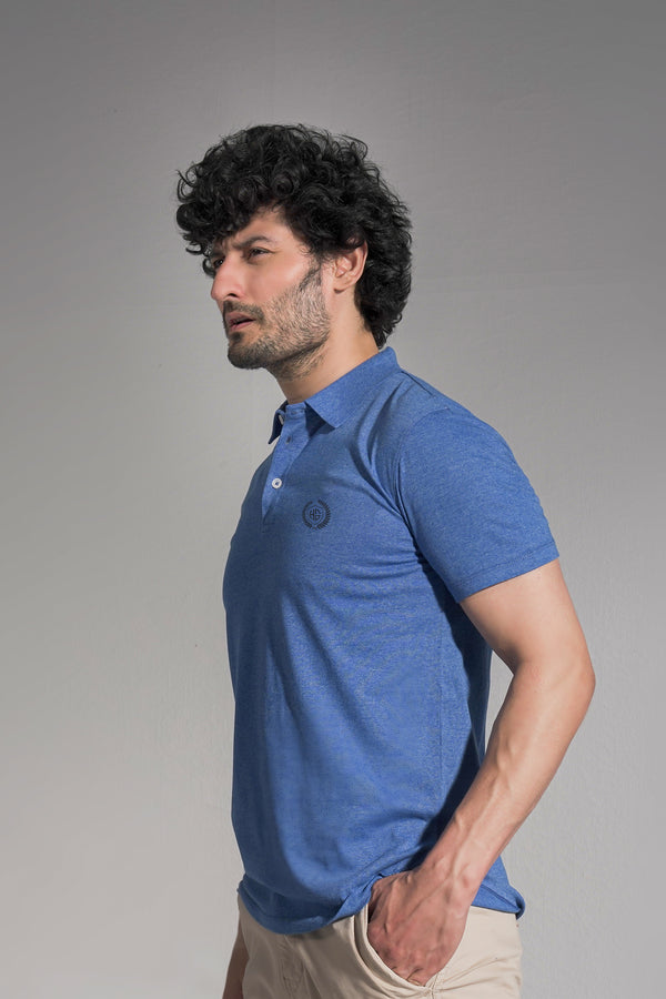 Blue Cotton Polo Shirt For Men