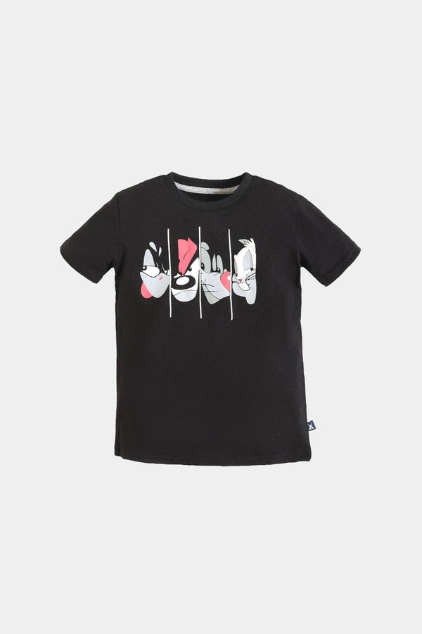 Hope Not Out by Shahid Afridi Boys Knit T-Shirt Black Half Sleeve T-Shirt with Looney Tunes Graphic Print