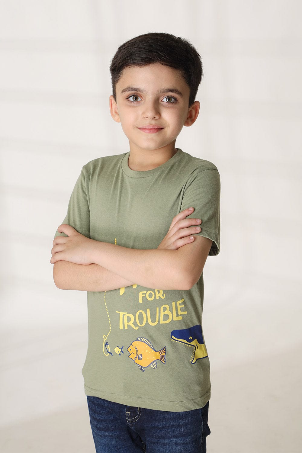 Hope Not Out by Shahid Afridi Boys Knit T-Shirt Boys' Fishing Graphic Grey Half Sleeve Tee