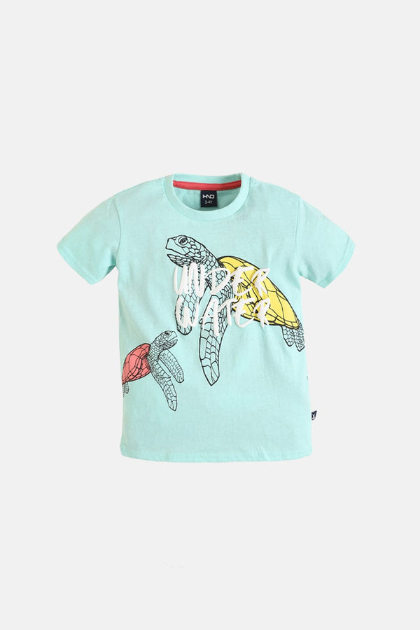 Hope Not Out by Shahid Afridi Boys Knit T-Shirt Sea Green Half Sleeve T-Shirt with Puff Printing and Turtle Graphic