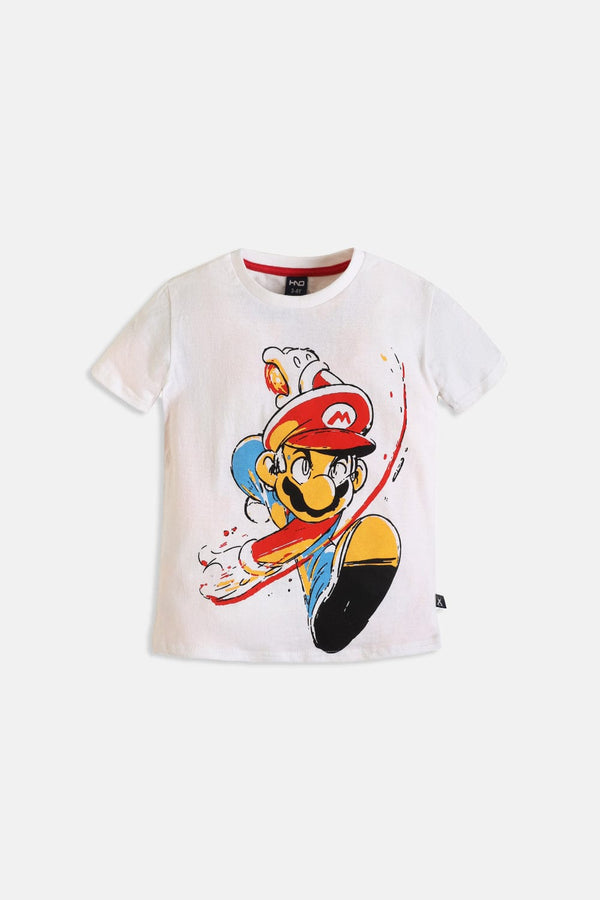 Hope Not Out by Shahid Afridi Boys Knit T-Shirt White Half Sleeve T-Shirt with Super Mario Graphic