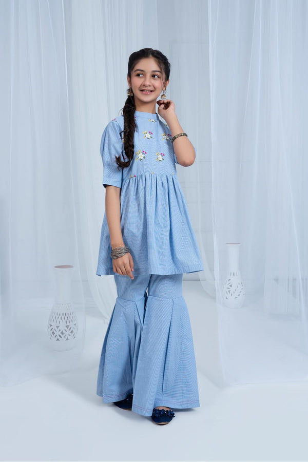 Hope Not Out by Shahid Afridi Eastern Girls Co-Ord Sets Girl Flora Sky Blue Check Emboridered Co-ord Set
