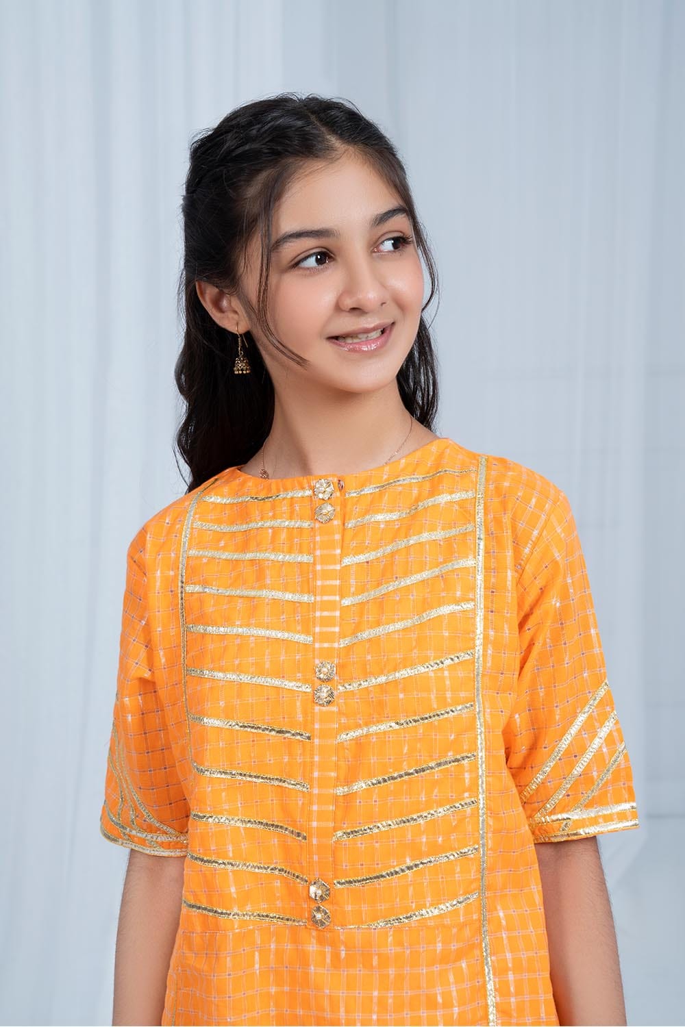 Hope Not Out by Shahid Afridi Eastern Girls Shirts Girl Flora Orange Self Check Shirt