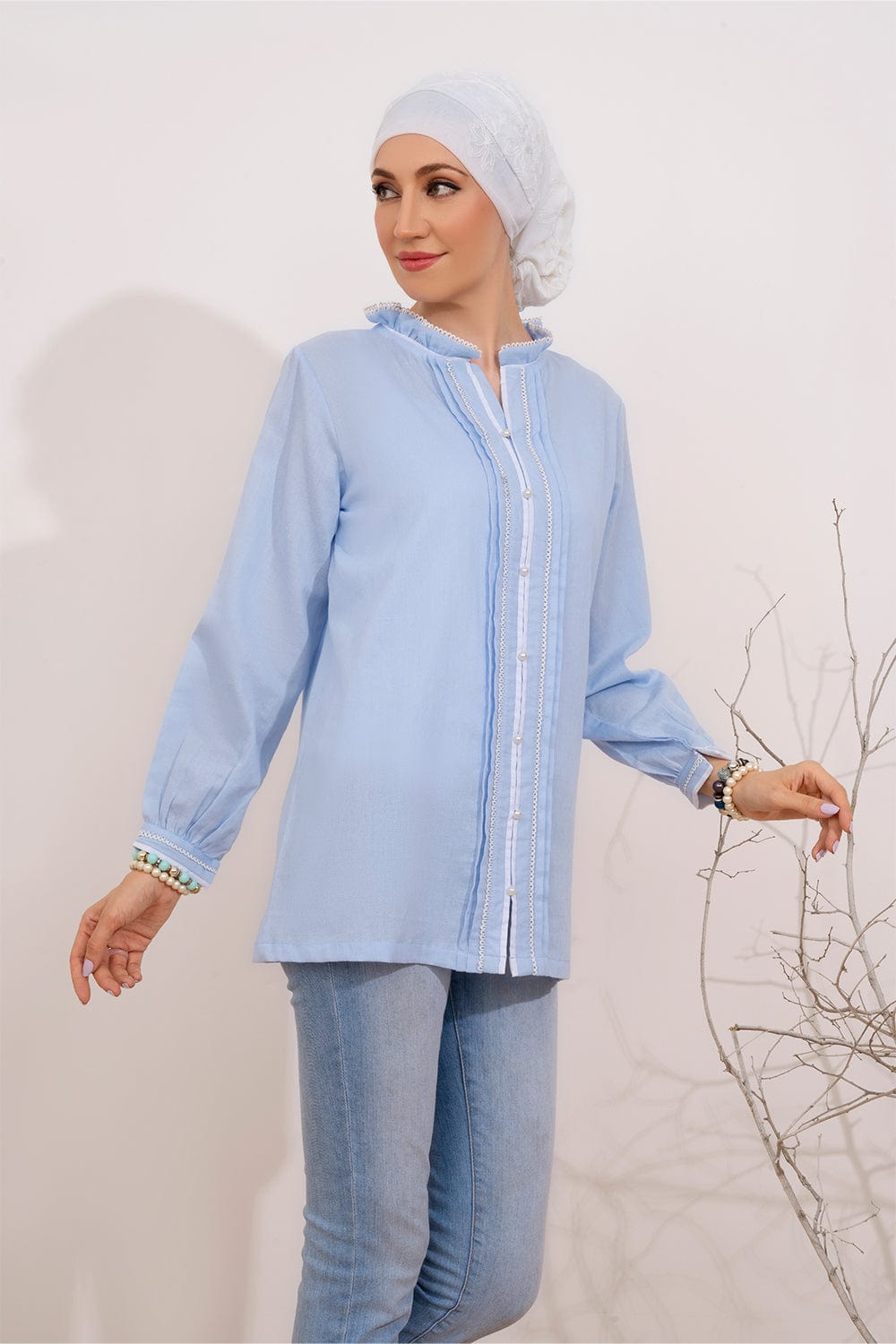 Hope Not Out by Shahid Afridi Eastern Women Shirts Floral Blue Textured With Lace Detailing Button Down Top