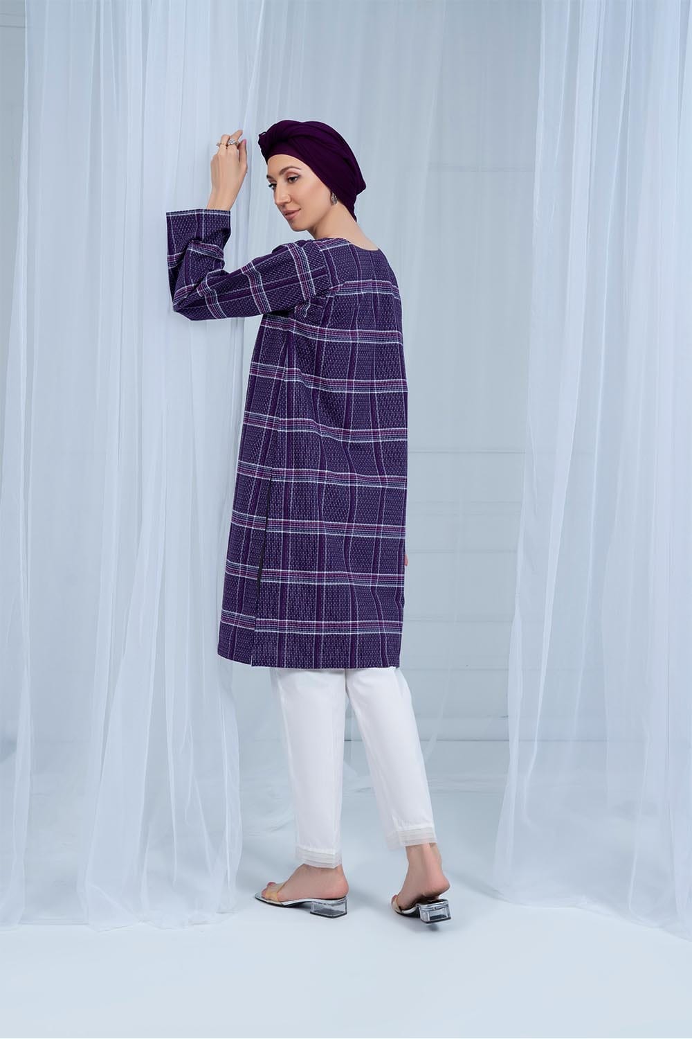 Hope Not Out by Shahid Afridi Eastern Women Shirts Purple Check Jacquard Kurta