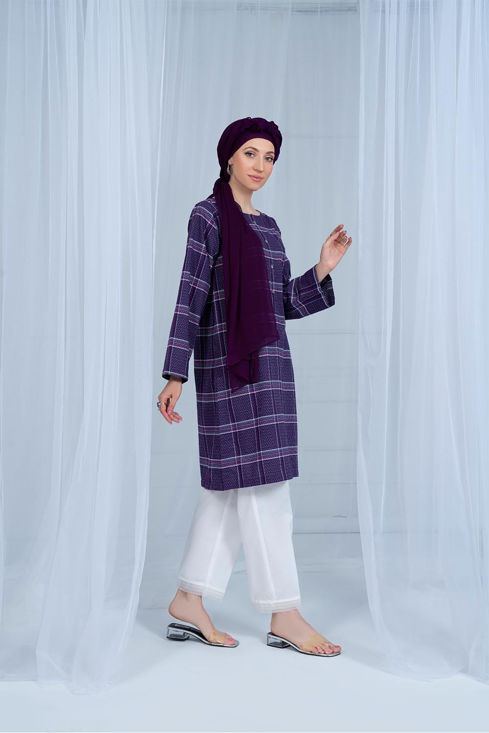 Hope Not Out by Shahid Afridi Eastern Women Shirts Purple Check Jacquard Kurta