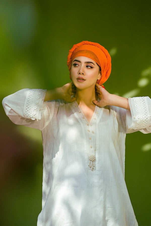 Hope Not Out by Shahid Afridi Eastern Women Shirts White Tarkashi Elongated Shirt Flora