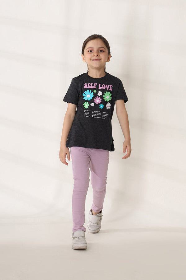 Hope Not Out by Shahid Afridi Girls Knit T-Shirt Charcoal Half Sleeve T-Shirt with Flowers Graphic Printing