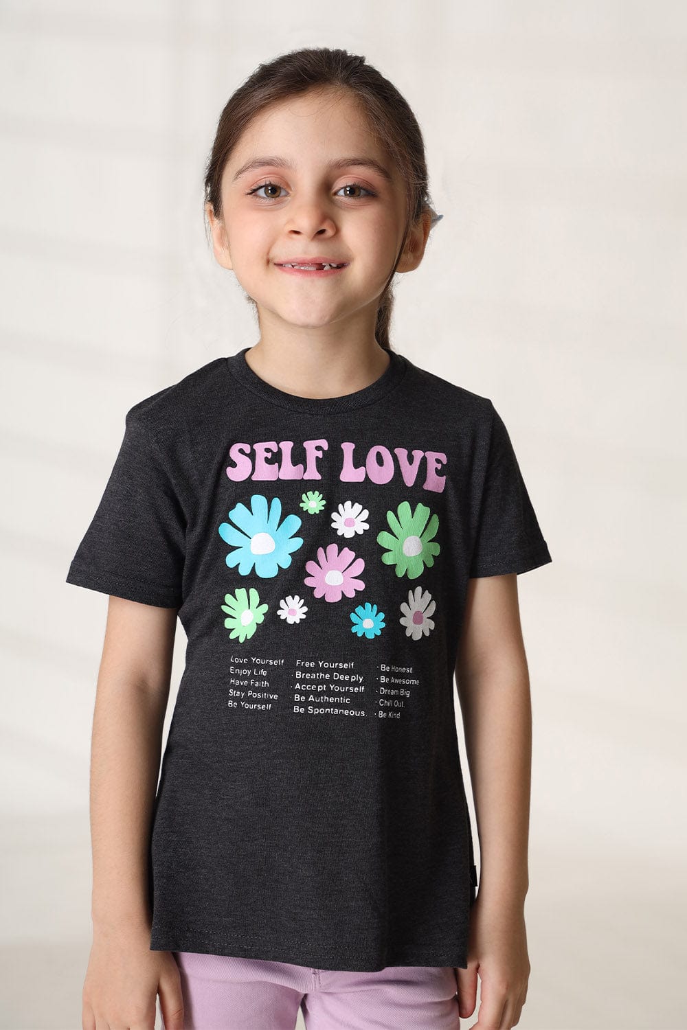 Hope Not Out by Shahid Afridi Girls Knit T-Shirt Charcoal Half Sleeve T-Shirt with Flowers Graphic Printing