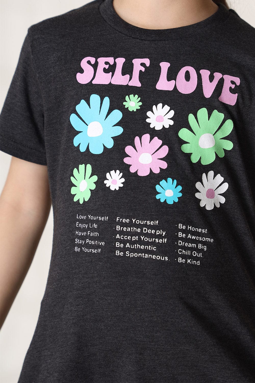 Hope Not Out by Shahid Afridi Girls Knit T-Shirt Charcoal Half Sleeve T-Shirt with Flowers Graphic Printing