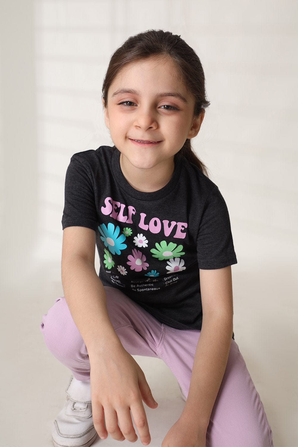 Hope Not Out by Shahid Afridi Girls Knit T-Shirt Charcoal Half Sleeve T-Shirt with Flowers Graphic Printing