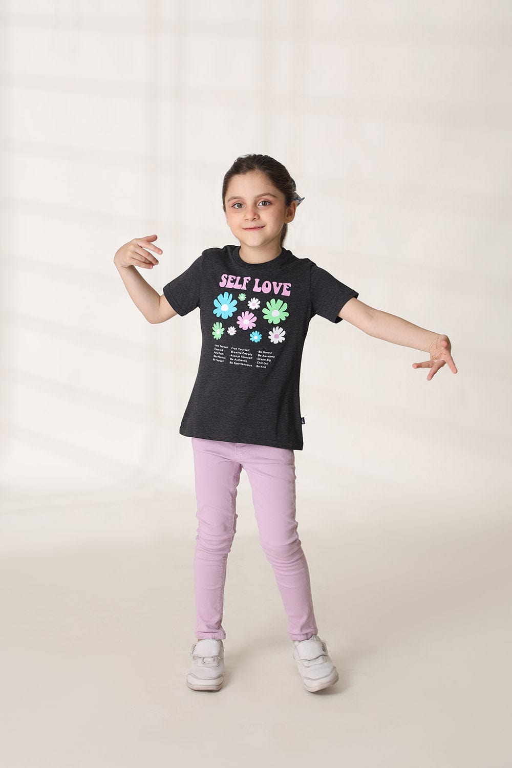 Hope Not Out by Shahid Afridi Girls Knit T-Shirt Charcoal Half Sleeve T-Shirt with Flowers Graphic Printing