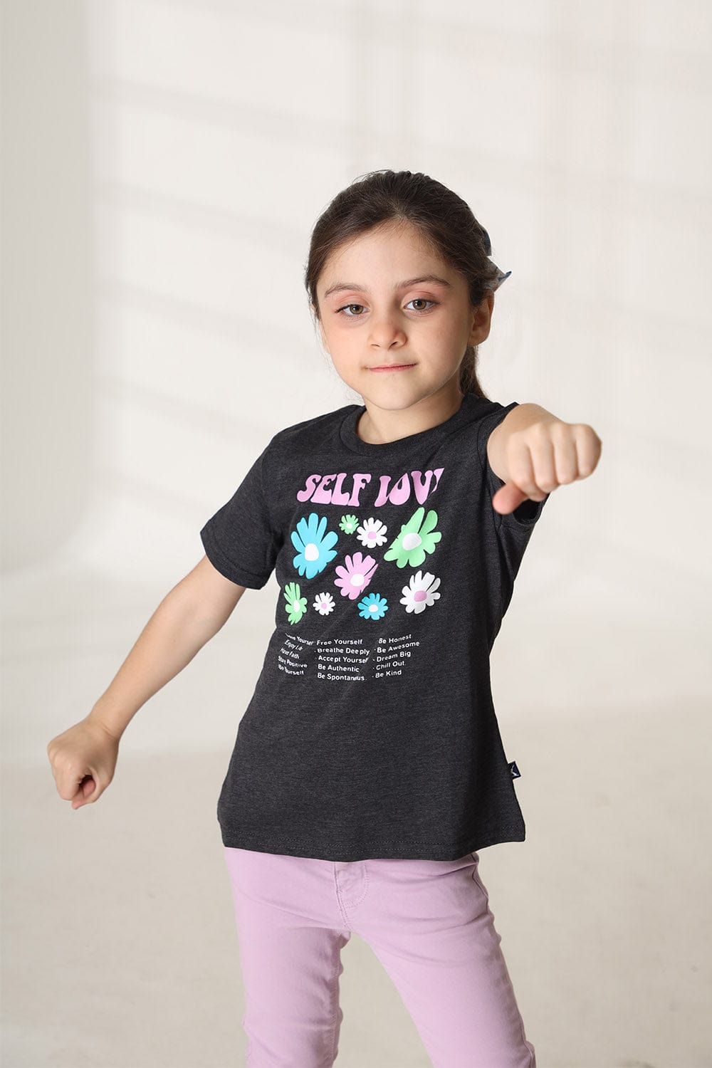 Hope Not Out by Shahid Afridi Girls Knit T-Shirt Charcoal Half Sleeve T-Shirt with Flowers Graphic Printing