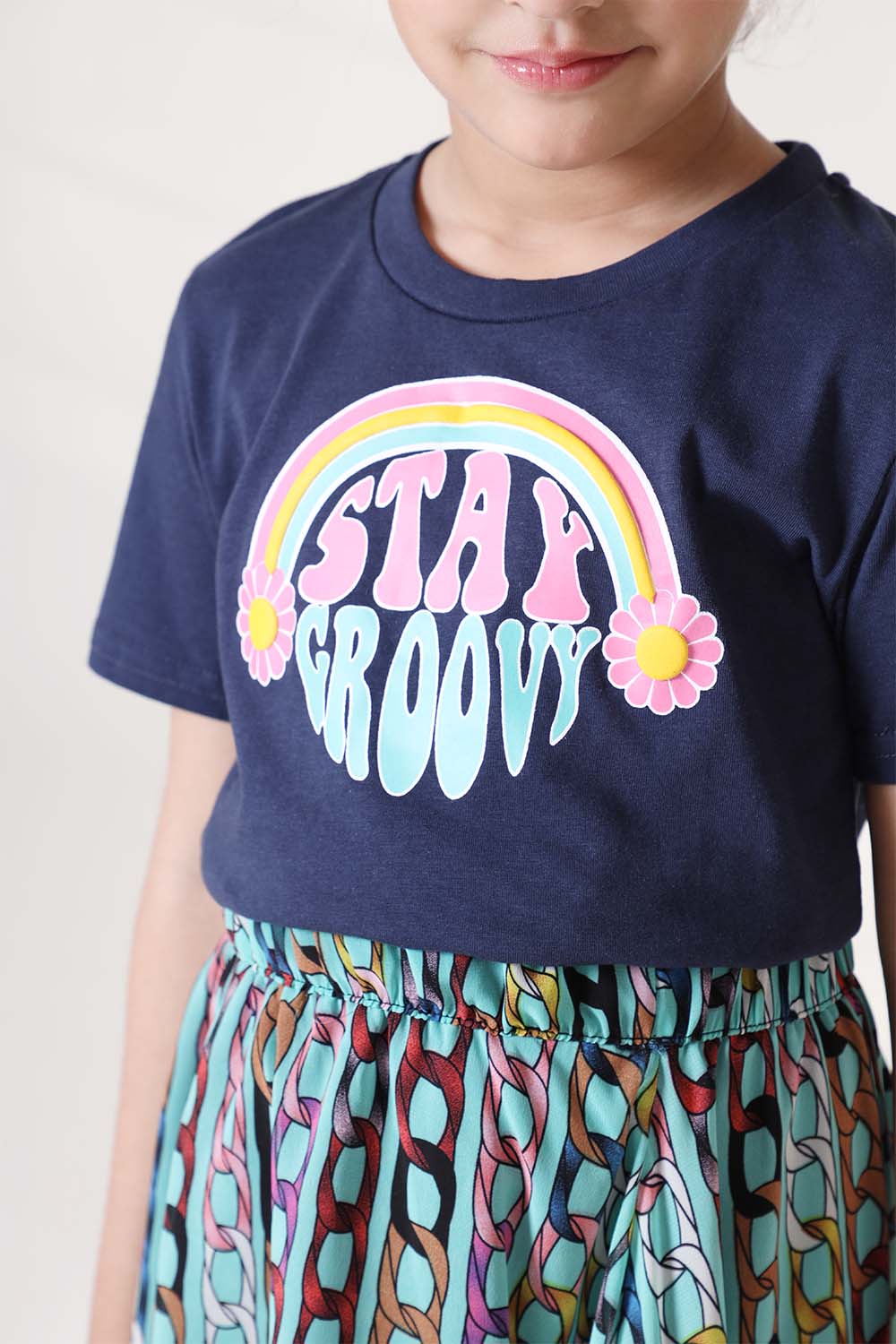 Hope Not Out by Shahid Afridi Girls Knit T-Shirt Stay Groovy: Girls' Blue Half Sleeve Tee with Graphic Print