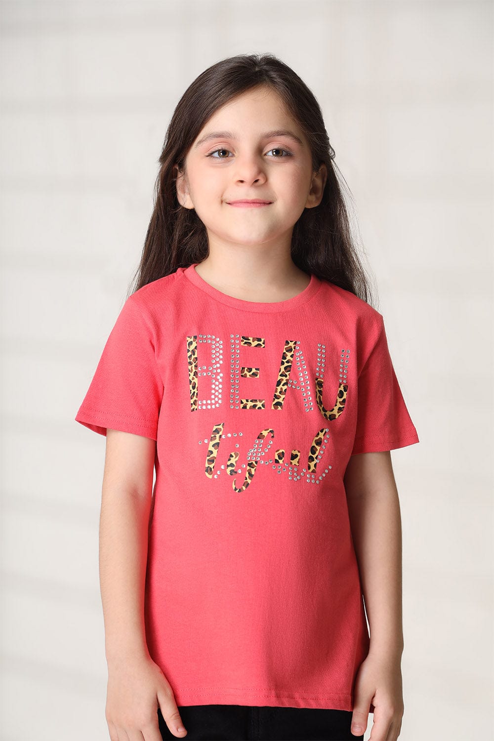 Hope Not Out by Shahid Afridi Girls Knit T-Shirt Stunning Stone-Embellished Pink Half Sleeve Tee for Girls