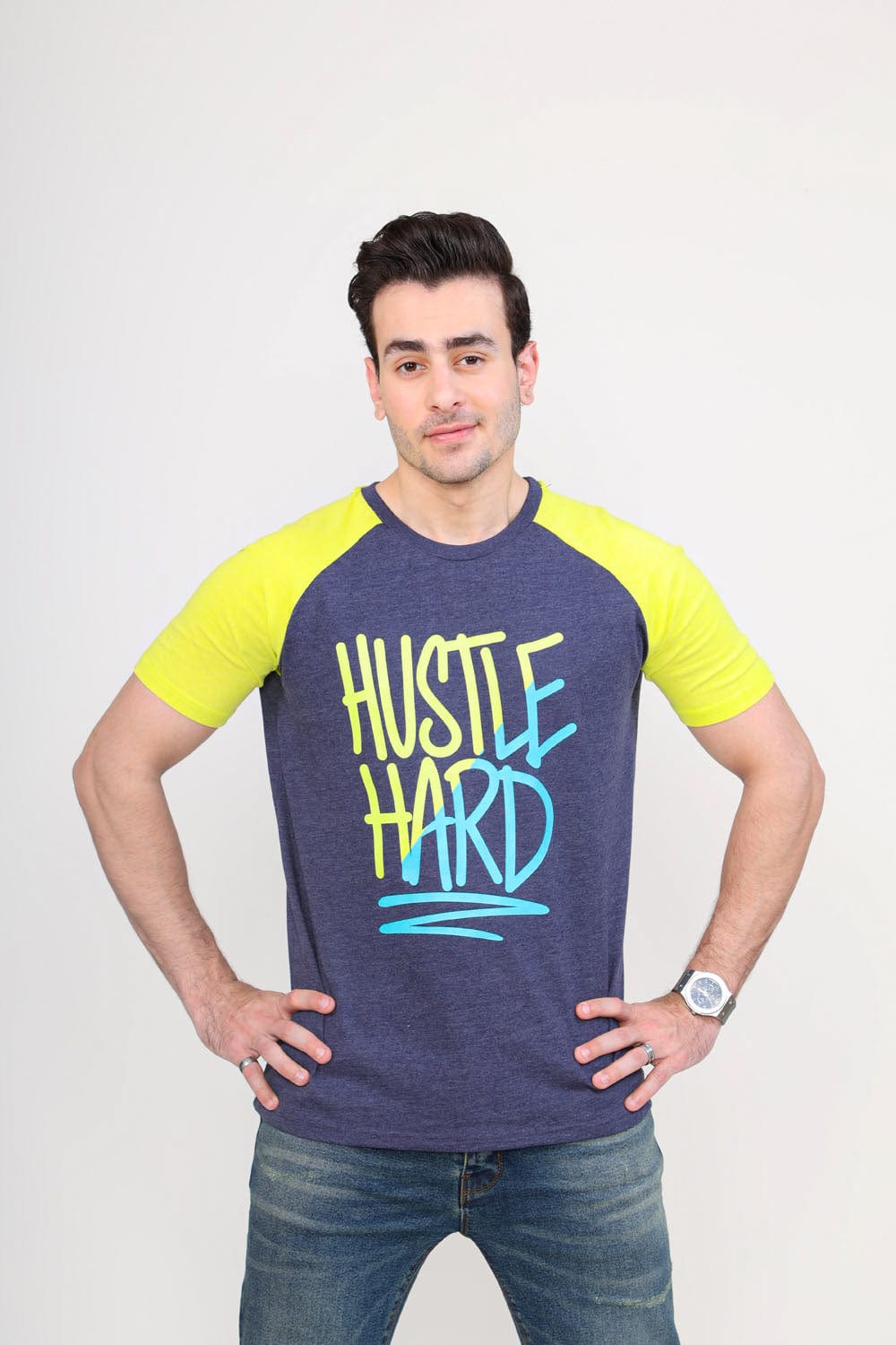 Hope Not Out by Shahid Afridi Men T-Shirt Blue Raglan Hustle Hard Tee for Men