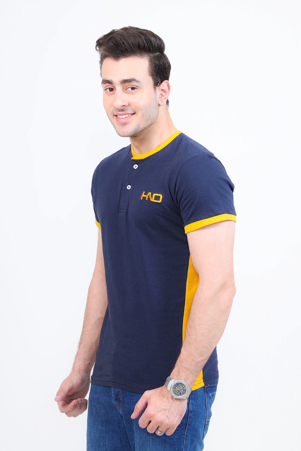 Hope Not Out by Shahid Afridi Men T-Shirt HNO Blue Henley with Embroidered Logo and Contrast Details