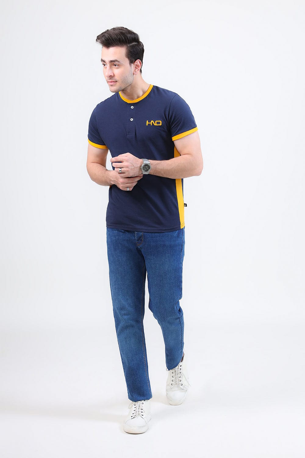 Hope Not Out by Shahid Afridi Men T-Shirt HNO Blue Henley with Embroidered Logo and Contrast Details