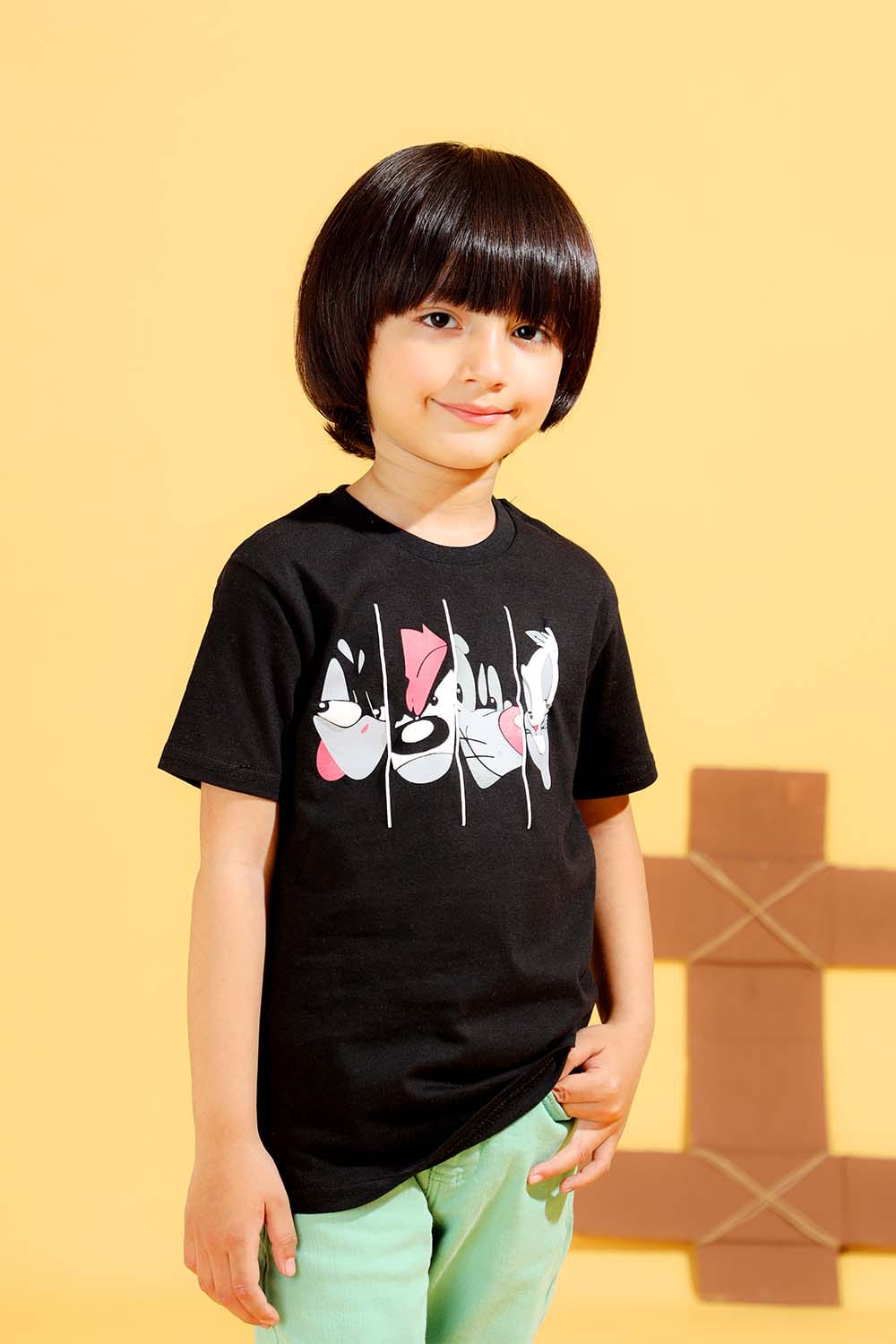 Hope Not Out by Shahid Afridi Boys Knit T-Shirt Black Half Sleeve T-Shirt with Looney Tunes Graphic Print