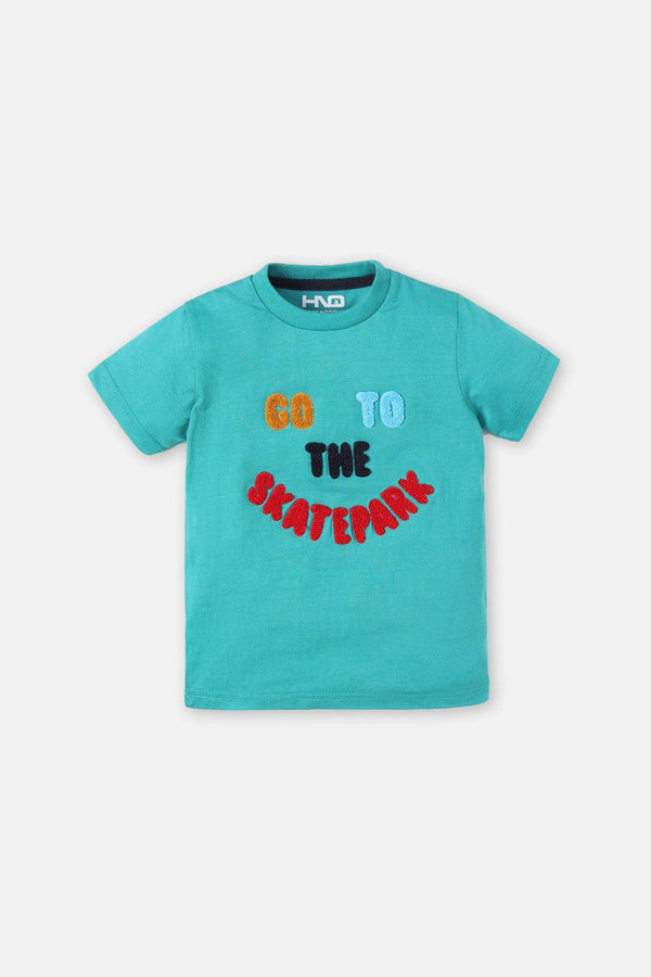 Hope Not Out by Shahid Afridi Boys Knit T-Shirt Skatepark Puff Print Sea Green Half Sleeve Tee