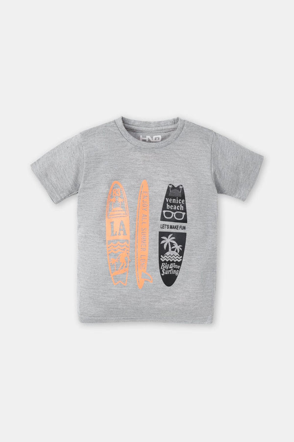Hope Not Out by Shahid Afridi Boys Knit T-Shirt Surfboard Print Grey Half Sleeve Tee