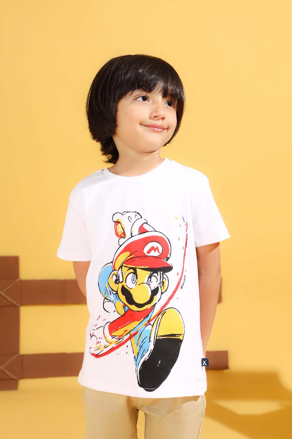 Hope Not Out by Shahid Afridi Boys Knit T-Shirt White Half Sleeve T-Shirt with Super Mario Graphic