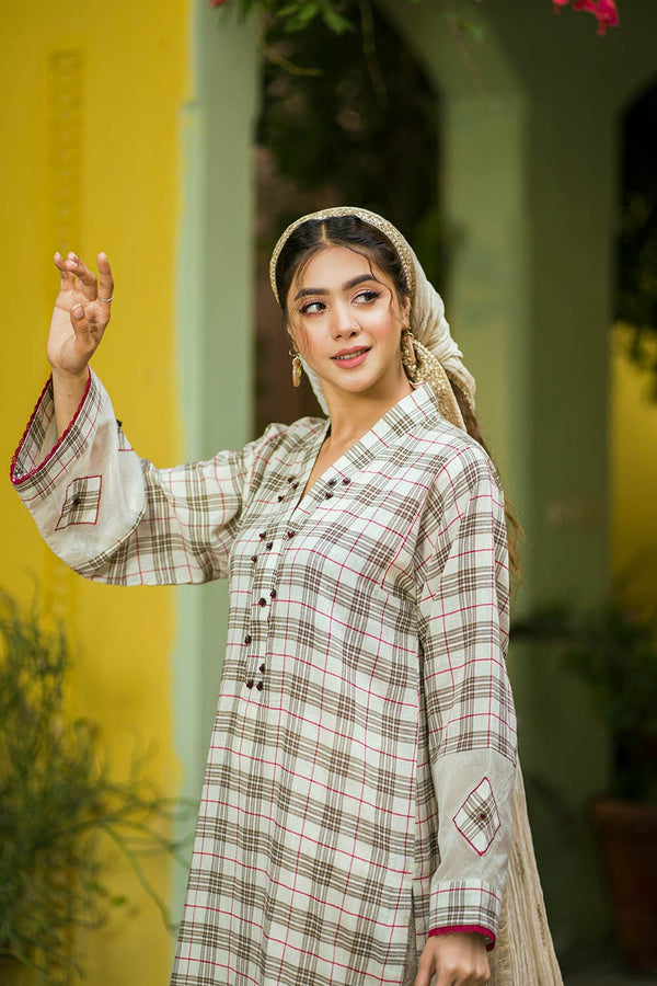Hope Not Out by Shahid Afridi Eastern Women Shirts Women Brown Ceek Long Shirt Flora