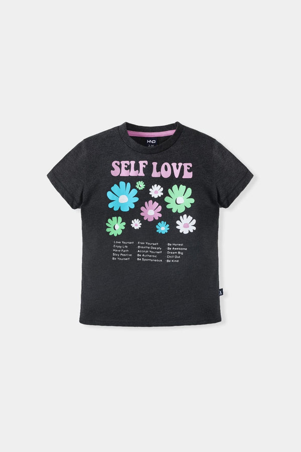 Hope Not Out by Shahid Afridi Girls Knit T-Shirt Charcoal Half Sleeve T-Shirt with Flowers Graphic Printing