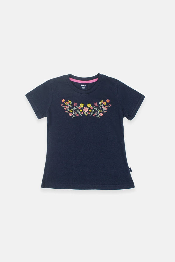 Hope Not Out by Shahid Afridi Girls Knit T-Shirt Girls Navy Embroidered T-Shirt