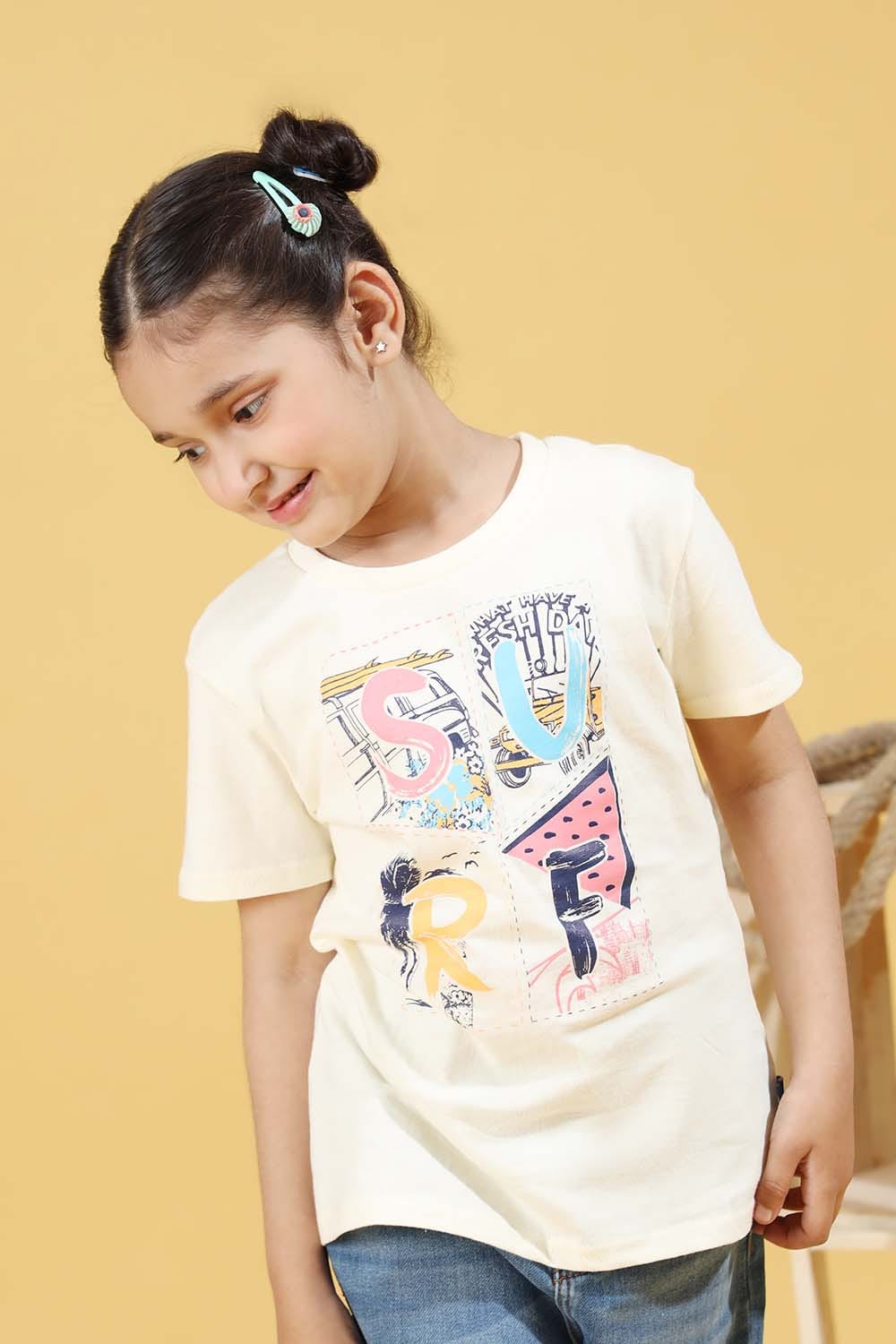 Hope Not Out by Shahid Afridi Girls Knit T-Shirt Surf Graphic White Half Sleeve Tee for Girls