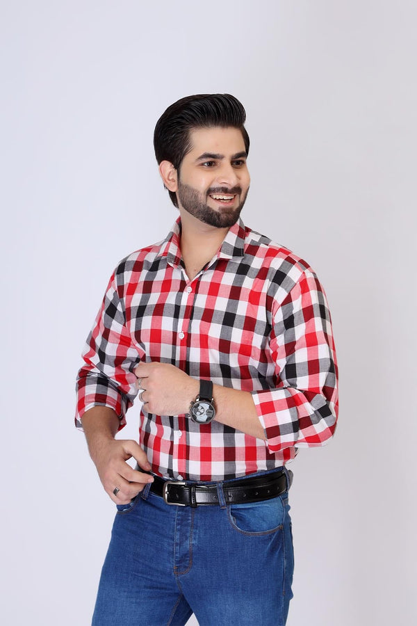 Hope Not Out by Shahid Afridi Men Casual Shirt Red and Black Check Full Sleeve Casual Shirt