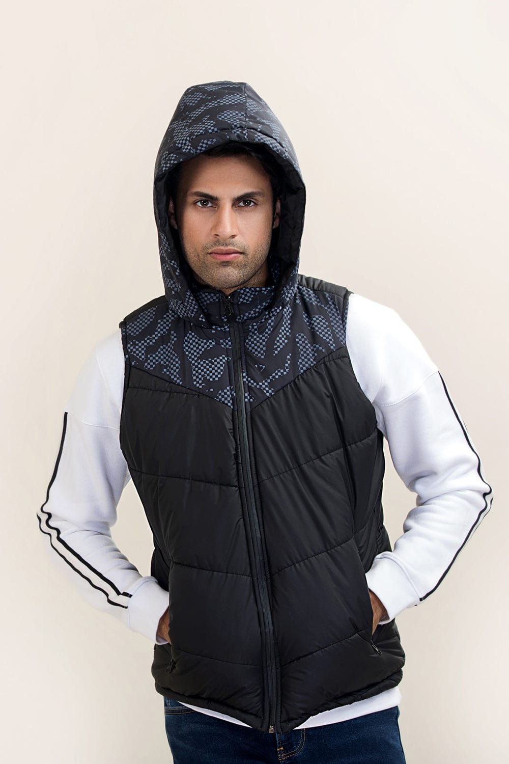 Hope Not Out by Shahid Afridi Men Jacket Sleeveless Puffer Jacket With Camo Hood and Panel