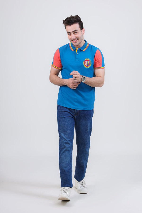 Hope Not Out by Shahid Afridi Men Polo Shirt Man Mid Blue Embroidery Tiping Collar Cuff Polo